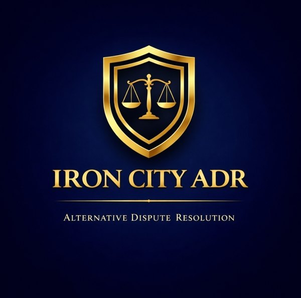 Iron City ADR logo: a gold shield with the scales of justice above the words Iron City ADR, Alternative Dispute Resolution